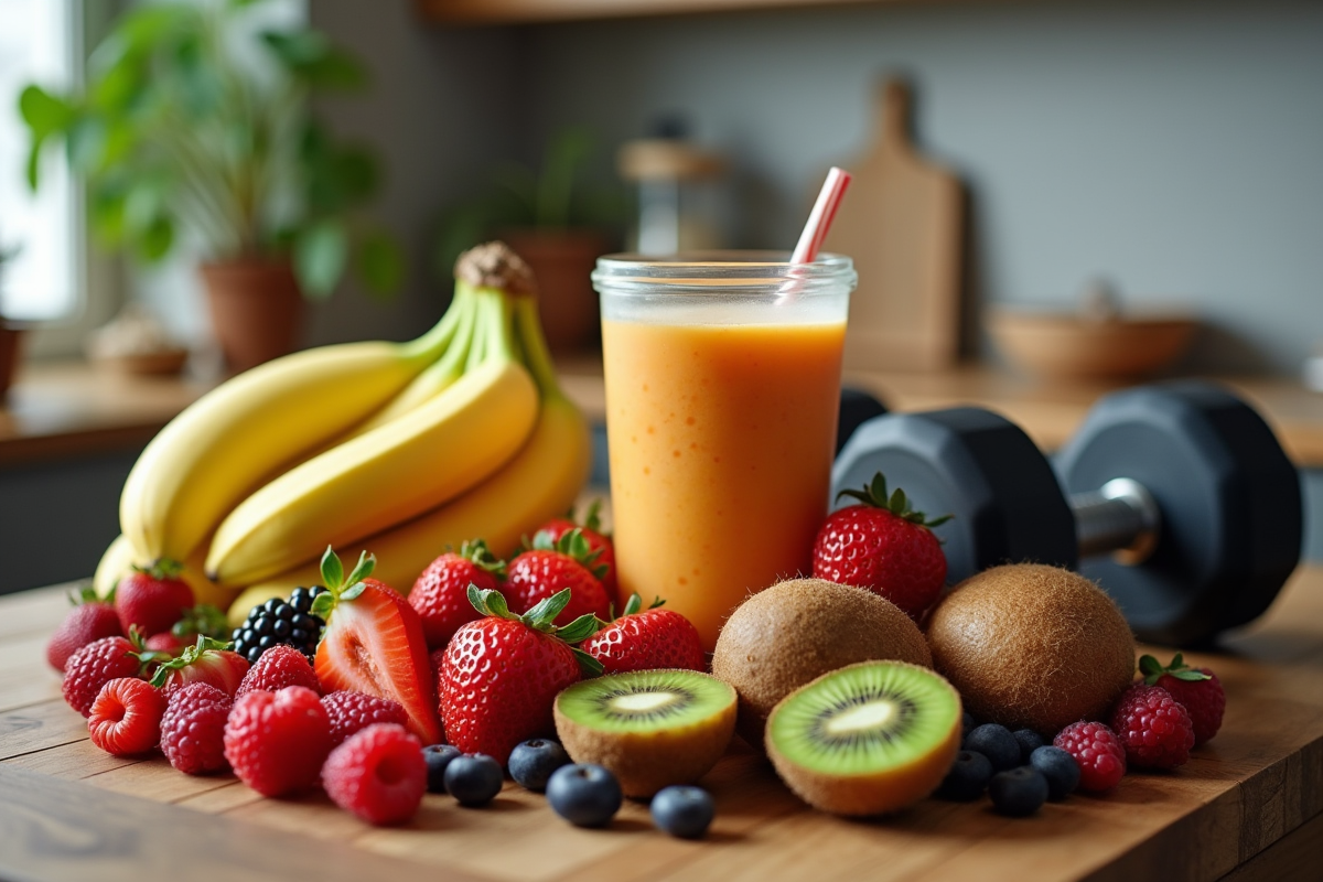 Assortiment de fruits frais sur une table en bois avec haltères