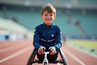 Jeune garçon français en fauteuil roulant sportif sur piste