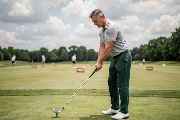 Golfeur amateur en polo gris pratiquant son swing avec un fer 7 sur un practice de golf, programme de progression pour débutant motivé