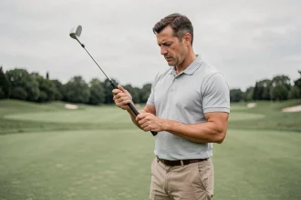 Golfeur examinant un club de golf sur le fairway avant un achat, comparaison de matériel de golf