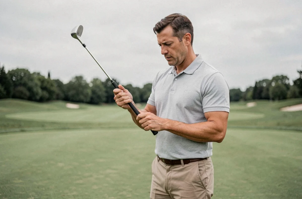 Golfeur examinant un club de golf sur le fairway avant un achat, comparaison de matériel de golf