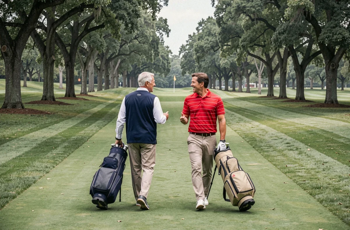 Deux golfeurs amateurs marchant côte à côte sur le fairway d'un parcours de golf en discutant de leur programme de progrès