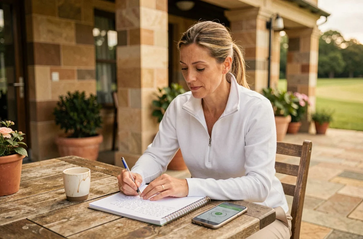 Golfeuse amateur consultant son carnet de notes et une application de suivi de progression golf à la terrasse d'un club house