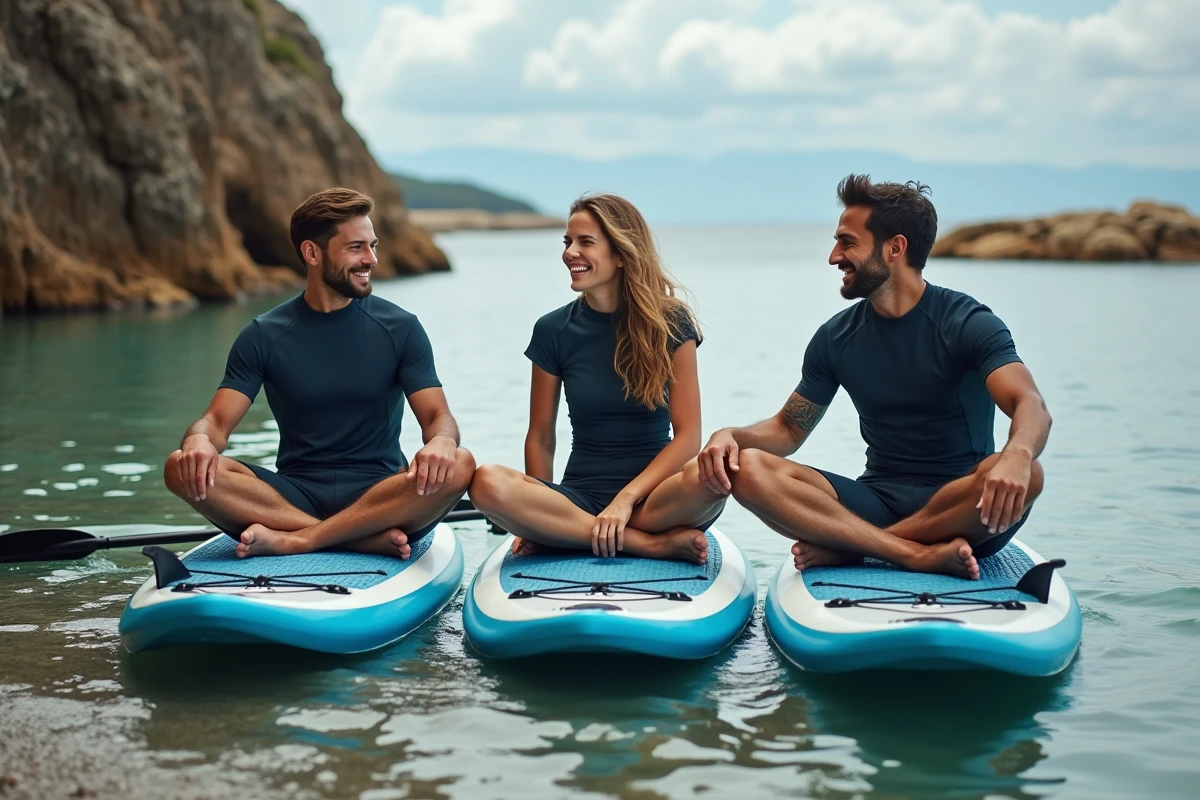 Trois amis en paddle dans une crique rocheuse