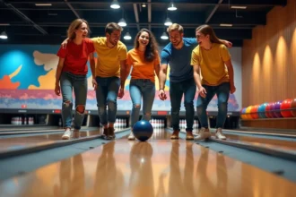 Groupe d'amis souriants jouant au bowling dans une salle moderne