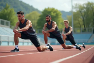 Groupe d'athletes en étirement sur piste extérieure