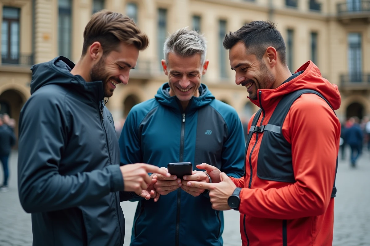 Groupe de coureurs consultant une application de calcul d'allures semi-marathon sur smartphone en ville
