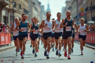 Groupe de coureurs divers lors d'un marathon en ville