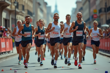 Groupe de coureurs divers lors d'un marathon en ville