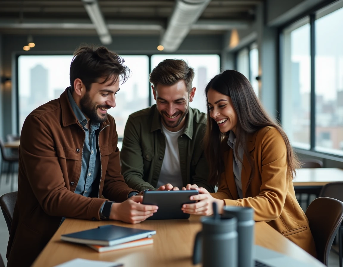 Groupe de passionnés de sport discutant d'articles de blog sportif autour d'une tablette dans un espace de coworking