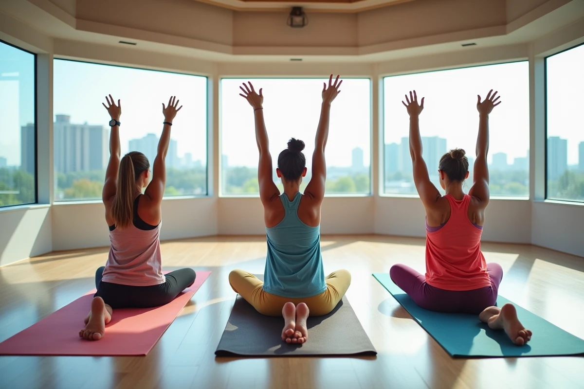 Groupe de personnes en tenue de sport s'étirant ensemble dans un studio de fitness ouvert avec baies vitrées, illustrant les cours collectifs d'un abonnement Basic-Fit sans engagement