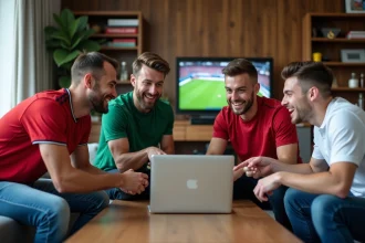 Jeunes souriants regardant un classement football sur un laptop