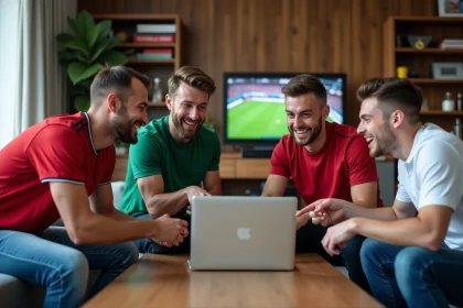 Jeunes souriants regardant un classement football sur un laptop