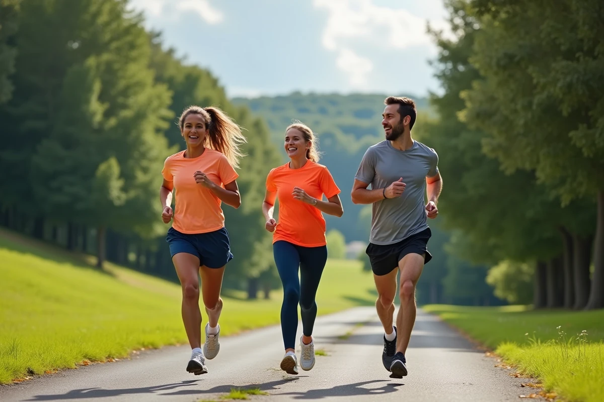 Groupe de coureurs faisant un jogging en groupe à allure douce dans un parc, représentant une sortie running à 8 km/h