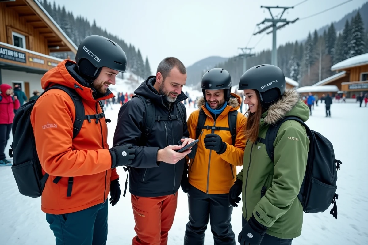 Groupe de skieurs consultant une réservation de forfait en ligne sur smartphone au pied des pistes d'Alpe d'Huez