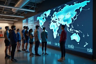 Groupe divers d'adultes et adolescents autour d'une carte mondiale