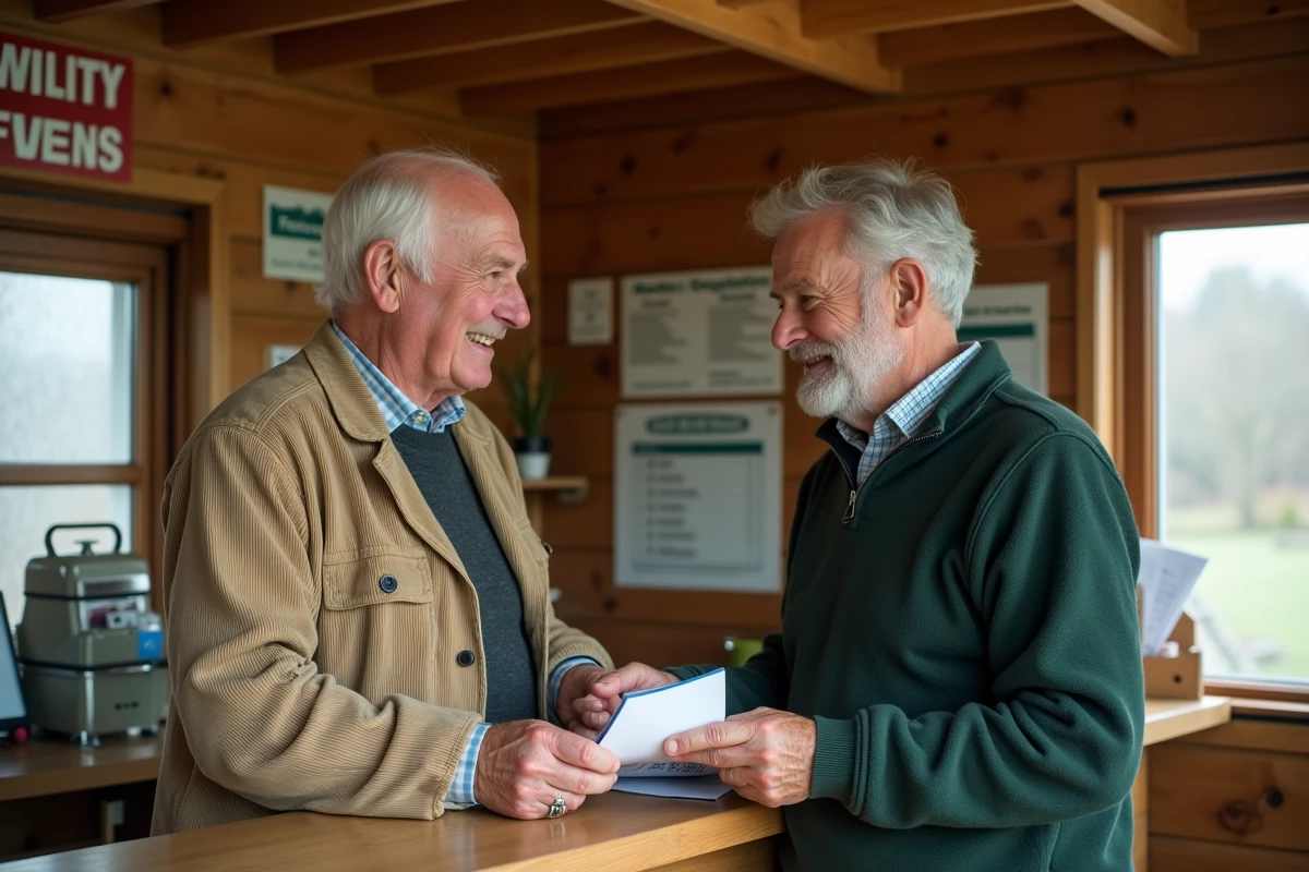 Deux seniors au guichet d'une fédération de pêche pour obtenir leur carte de pêche tarif senior 2026