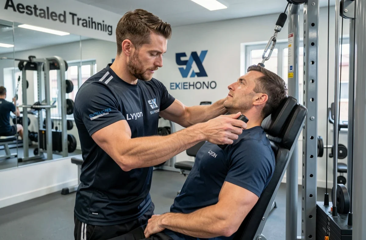 Coach Gym Center guidant un client sur un appareil de musculation dans une salle de sport professionnelle à Lyon