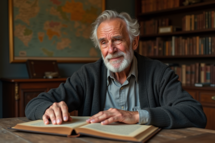 Homme age assis lisant un livre de genealogie dans un bureau