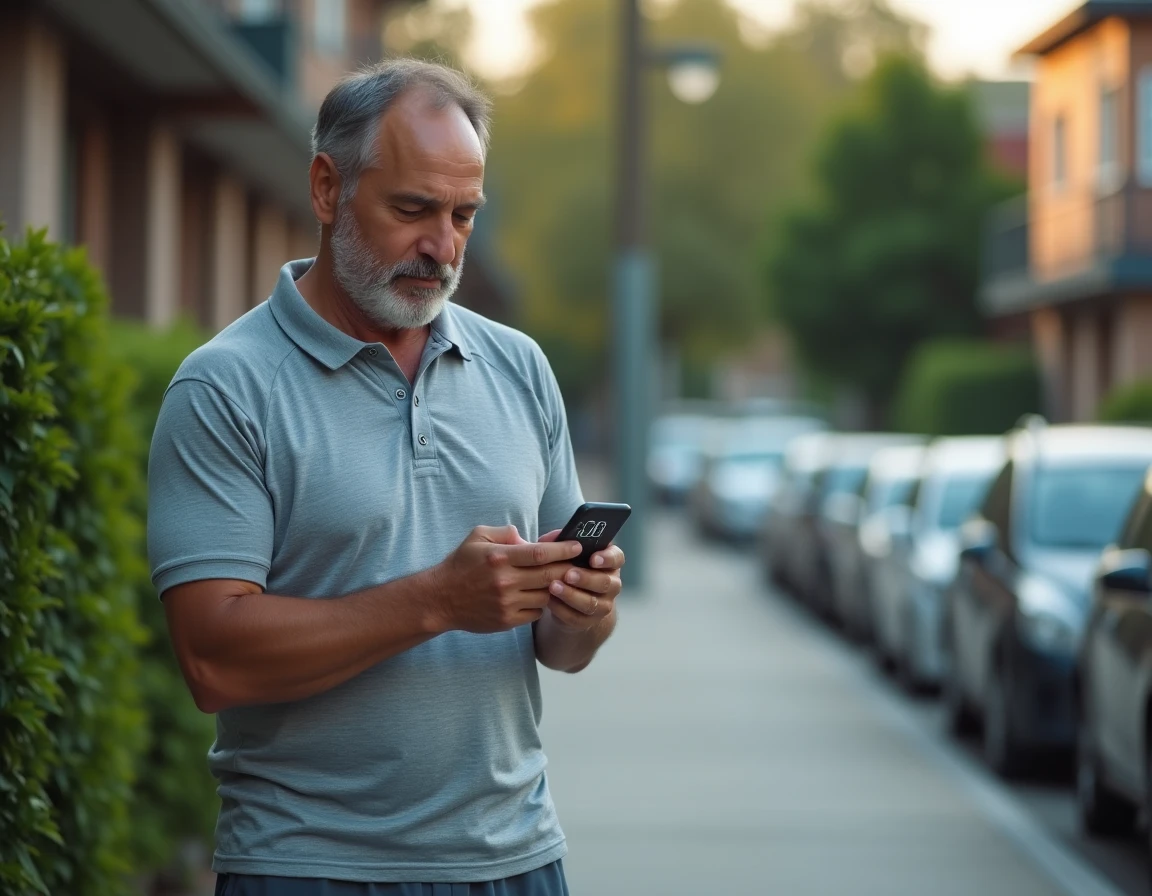Homme en tenue de marche sportive consultant une application de conversion pas en kilomètres sur son smartphone dans un quartier résidentiel