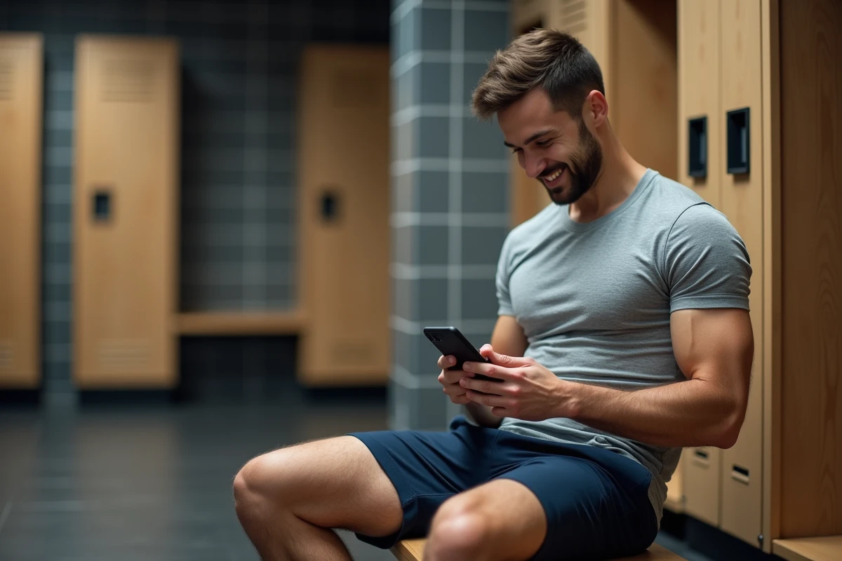 Homme consultant son application fitness sur smartphone dans un vestiaire de salle de sport pour planifier son abonnement mensuel sans engagement