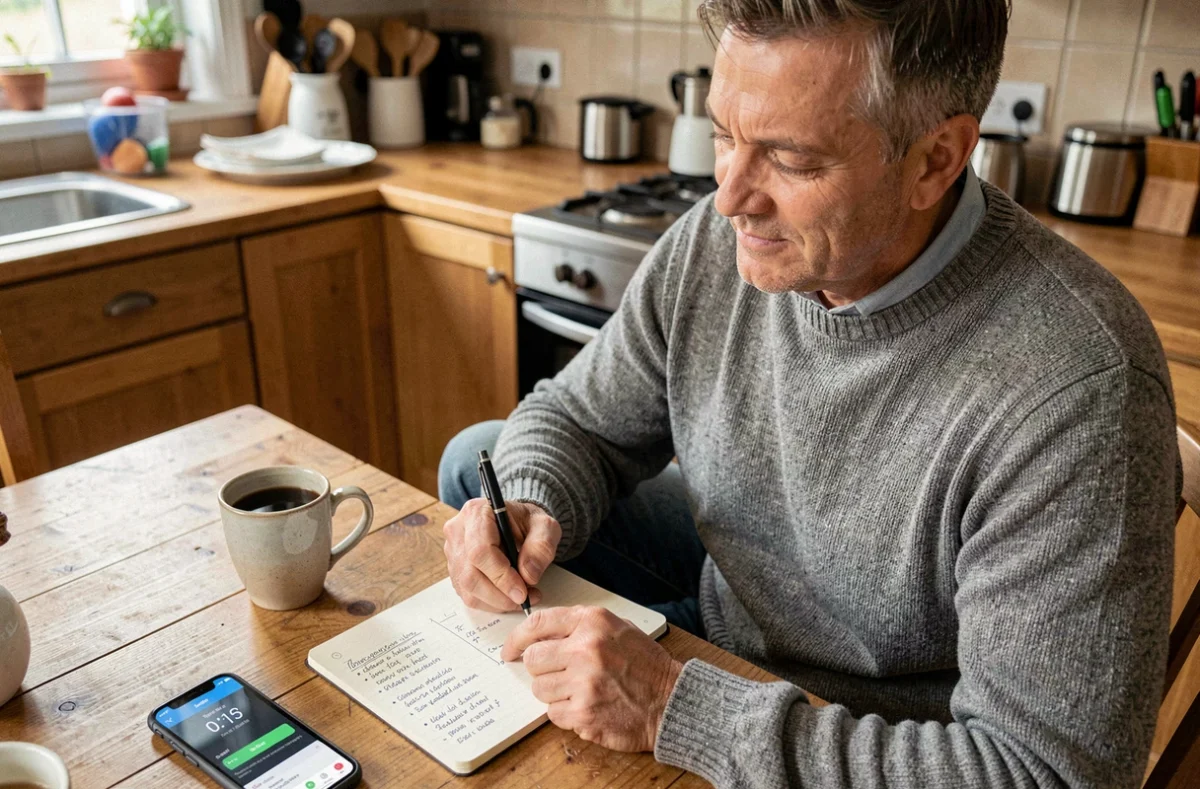 Homme calculant la conversion de pas en kilomètres avec un carnet et une application de marche sur smartphone dans une cuisine