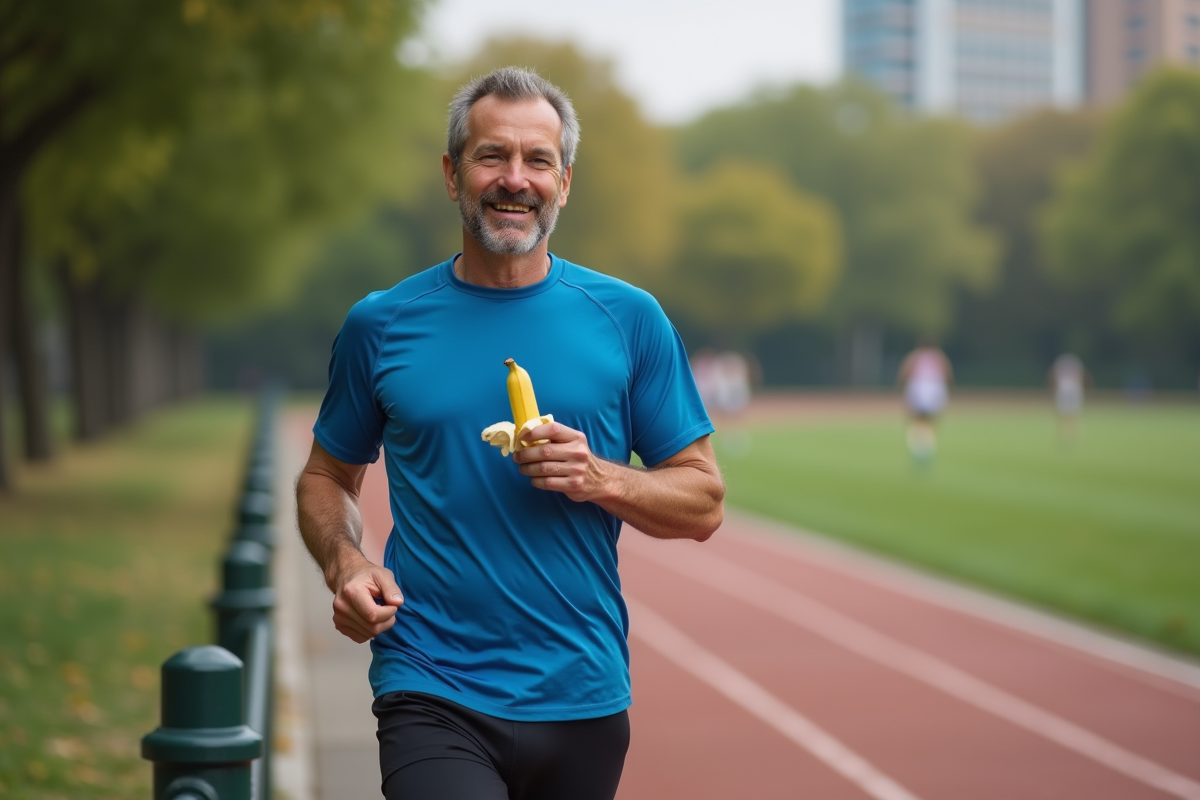 Homme courant dans un parc urbain en fin de matinée