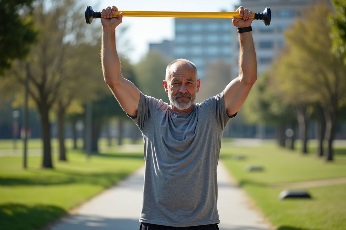 Homme faisant un étirement avec bande de résistance en extérieur