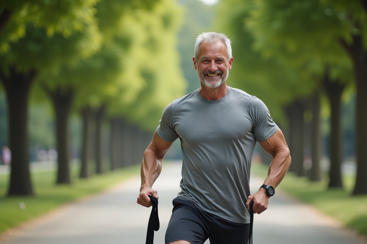 Homme faisant exercice avec bande de resistance dans un parc