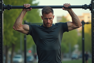 Homme en pleine traction dans un parc urbain au matin