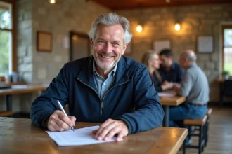 Homme souriant remplissant un formulaire dans un centre communautaire