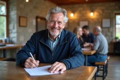 Homme souriant remplissant un formulaire dans un centre communautaire