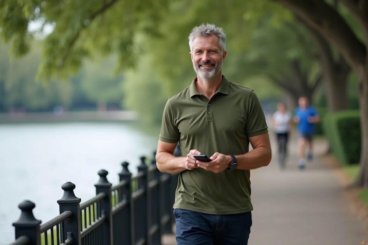 Homme d'âge moyen qui marche sur un chemin de bord de rivière en consultant une application de comptage de pas sur son téléphone