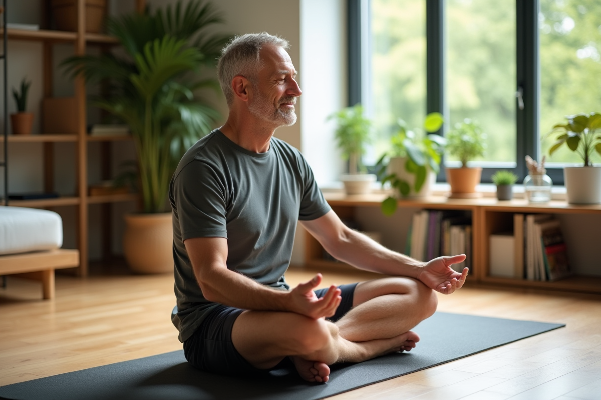 Homme méditant dans un salon lumineux et calme
