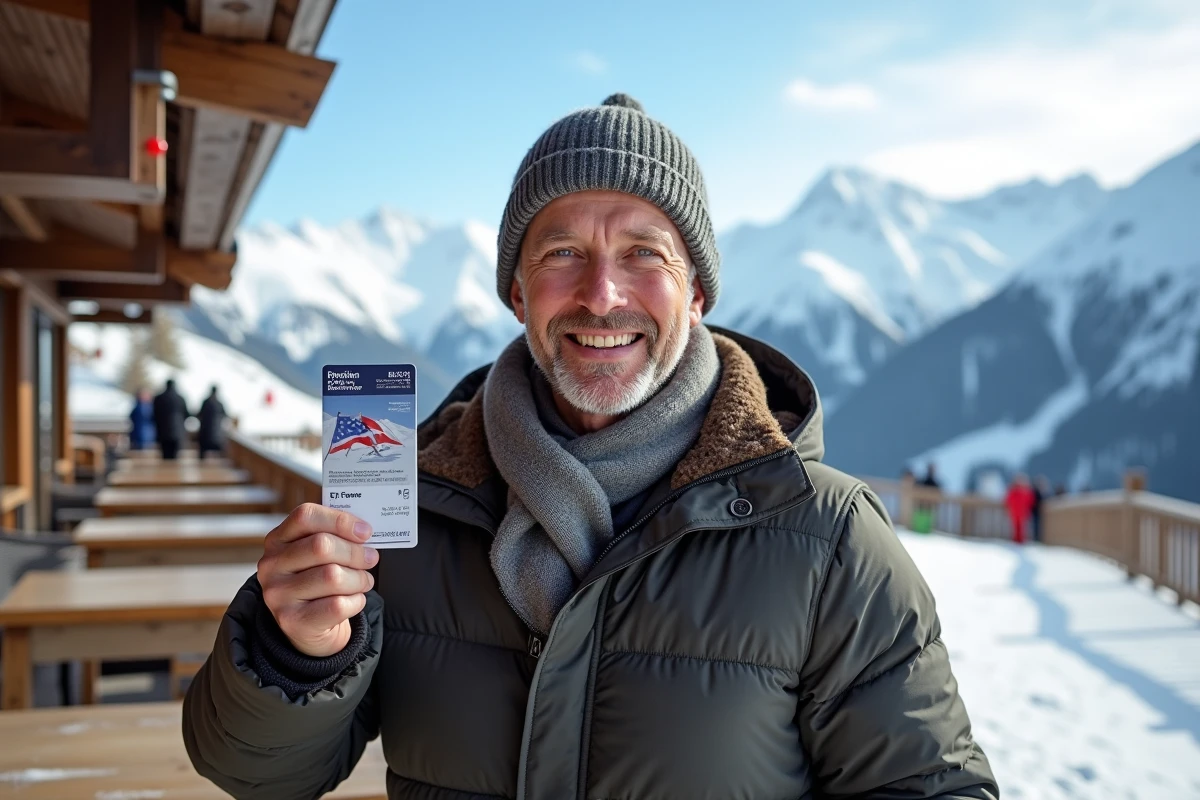 Homme avec pass de ski sur terrasse alpine