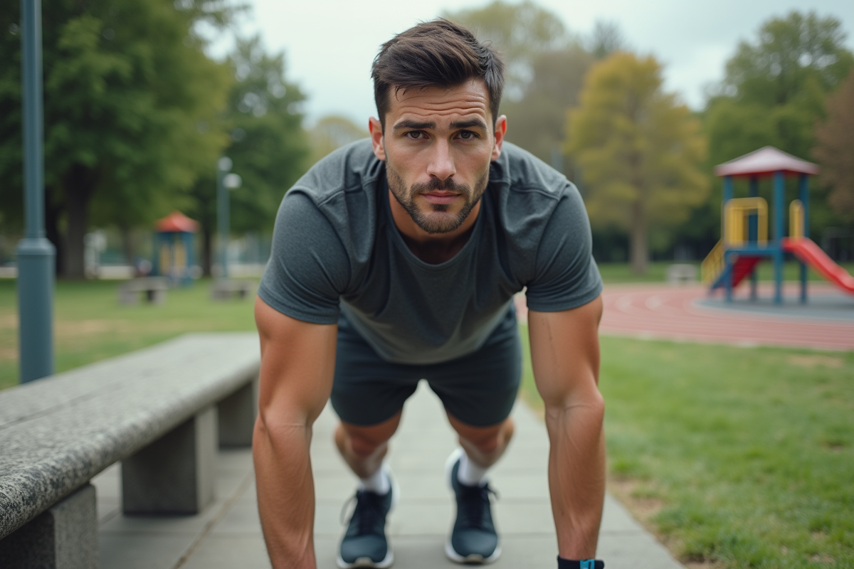 Homme en plank dans un parc avec équipements de fitness