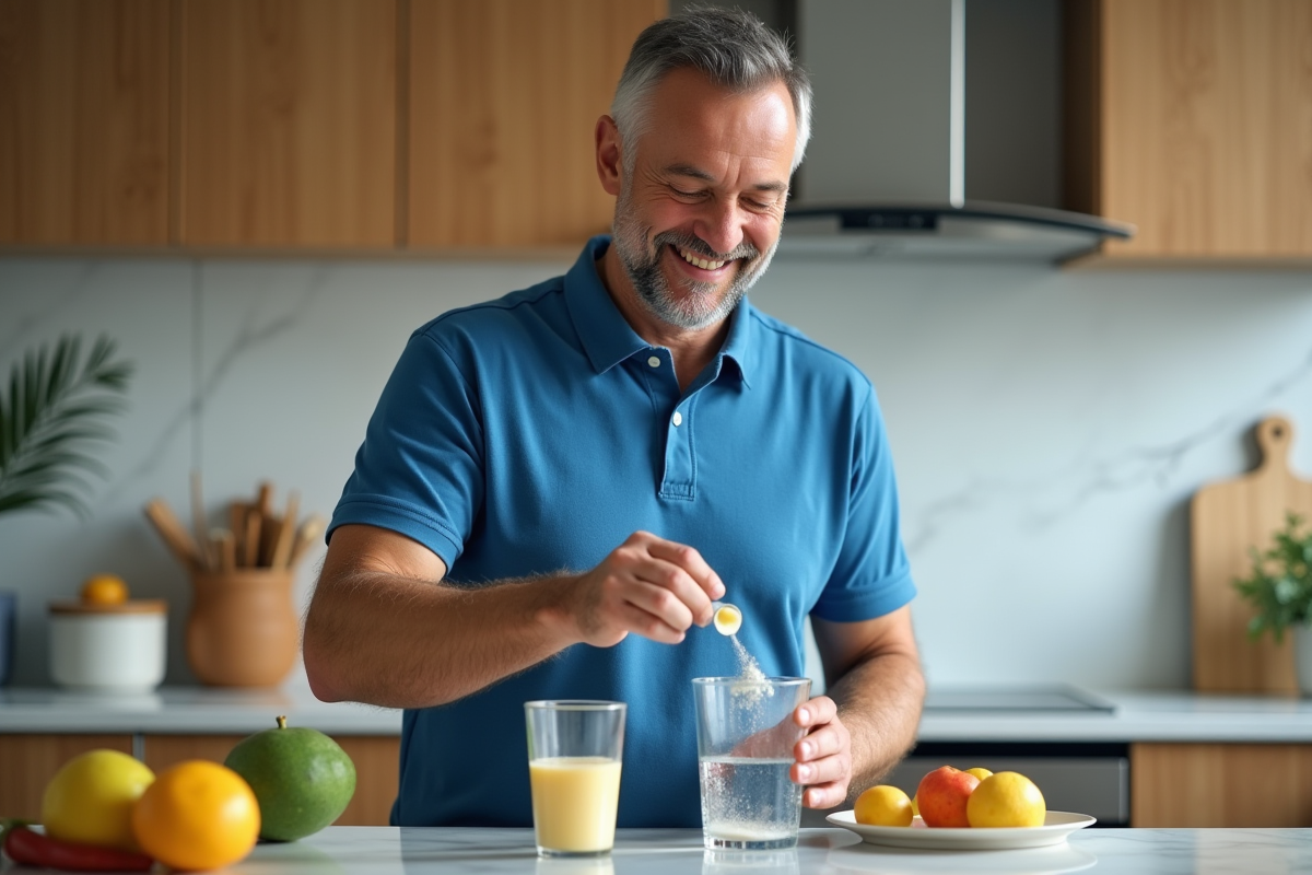 Homme en cuisine préparant un mélange d électrolytes
