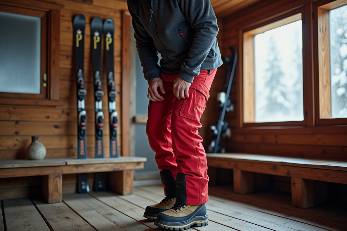 Homme ajustant son pantalon de ski dans un lodge