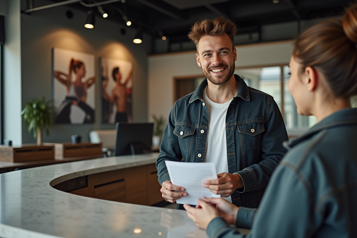 Homme remettant un document à la réception d
