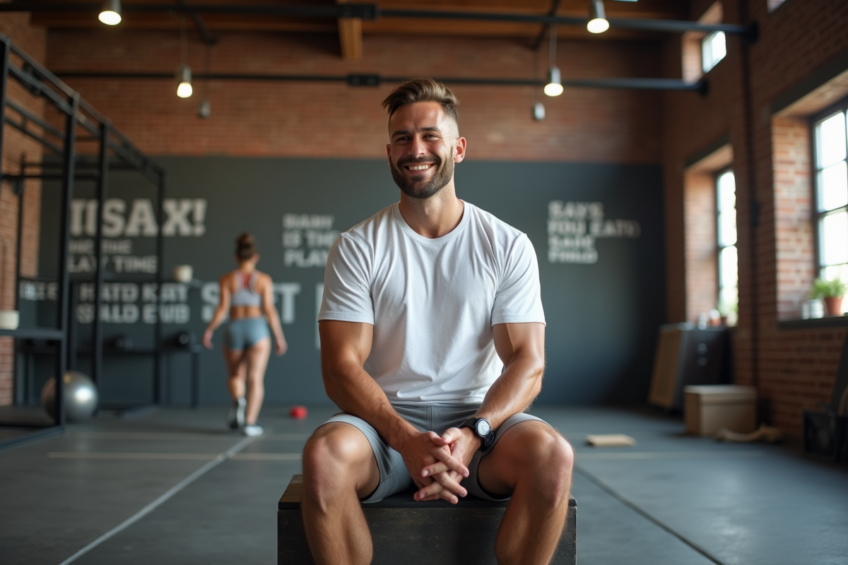 Homme souriant en pause entre deux exercices dans la salle