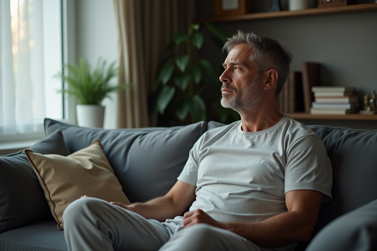 Homme d'âge moyen assis sur un canapé moderne dans un salon calme
