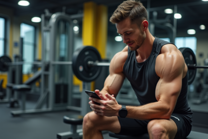 Homme musclé en salle de sport en train de suivre ses macros
