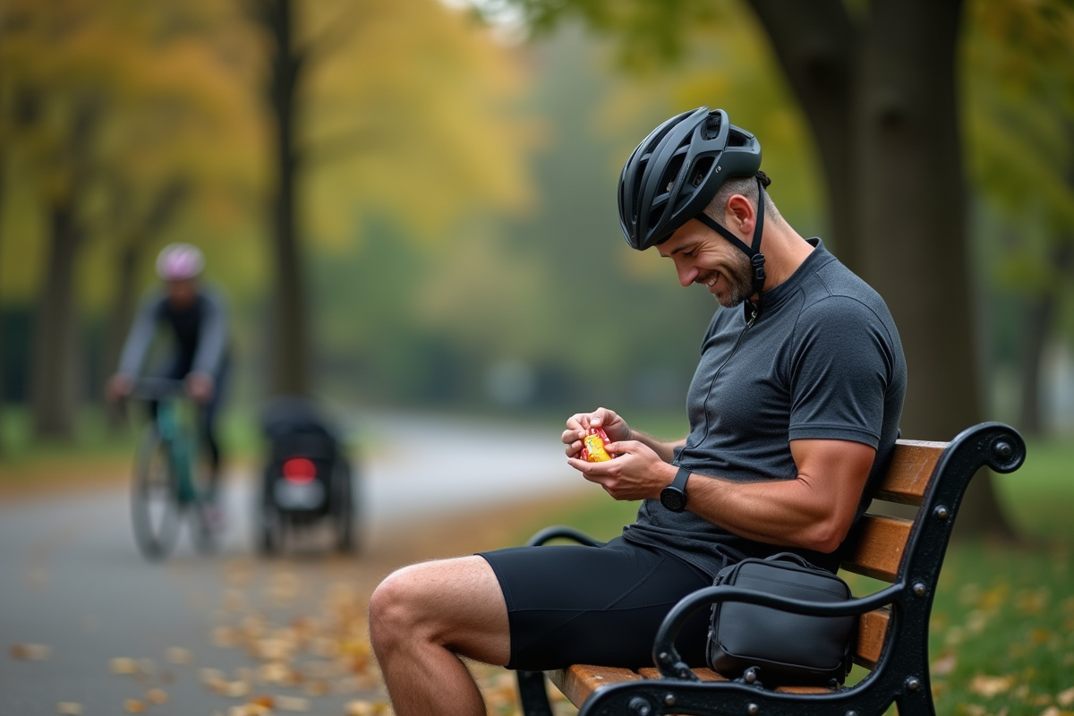 Homme après vélo dans un parc urbain en automne