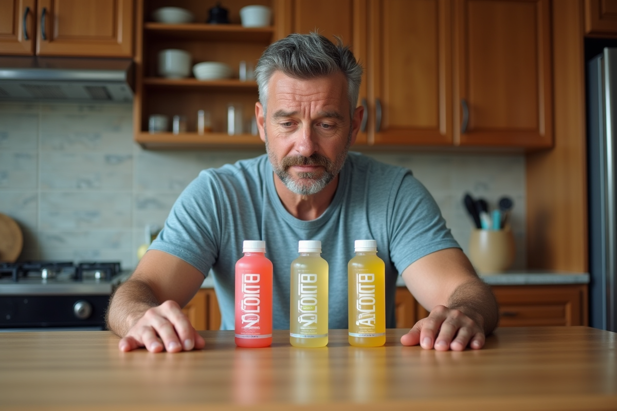 Homme examine trois bouteilles d