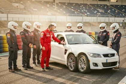 Instructeur de stage de pilotage expliquant les techniques de conduite à des stagiaires en tenue de course dans les stands d'un circuit automobile