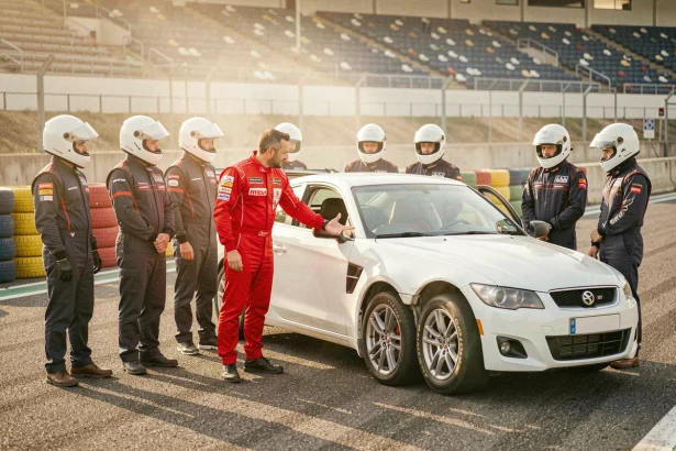 Instructeur de stage de pilotage expliquant les techniques de conduite à des stagiaires en tenue de course dans les stands d'un circuit automobile