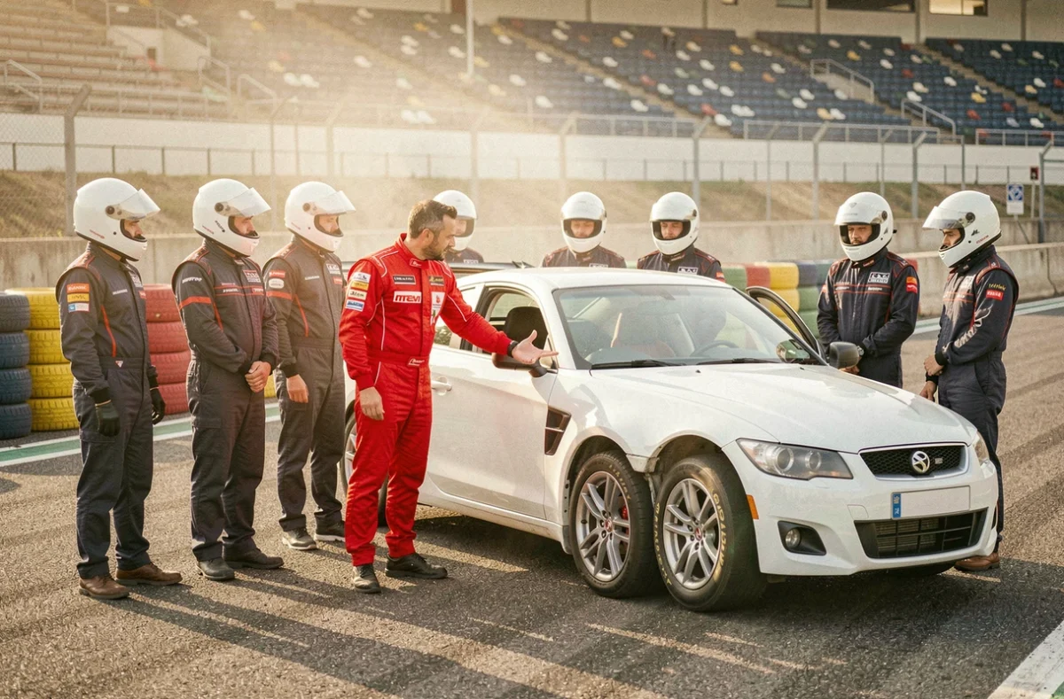 Instructeur de stage de pilotage expliquant les techniques de conduite à des stagiaires en tenue de course dans les stands d'un circuit automobile