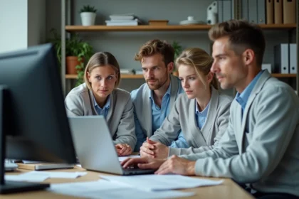 Groupe d'instructeurs judo en réunion dans un bureau
