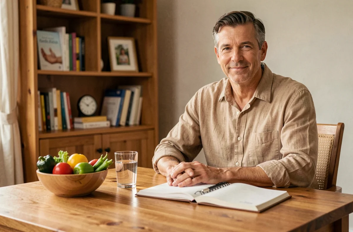 Jérôme Paineau, coach bien-être et nutrition, lors d'une consultation avec des légumes frais et un journal de suivi sur la table