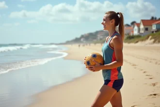 Jeune femme en uniforme de handball sur la plage